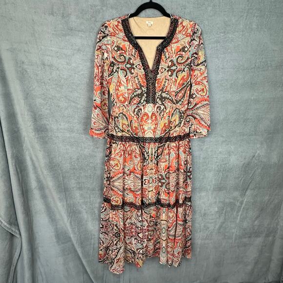 Reba Dresses & Skirts - Reba Dress Womens Small Brown Paisley Maxi Tiered Bell Sleeve Boho Hippie Beach